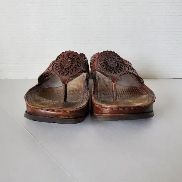 Earth Shoes Salsa Mahogany Leather Thong Sandals Boho Woven Slides Sz 6 Hippie - Picture 6 of 8
